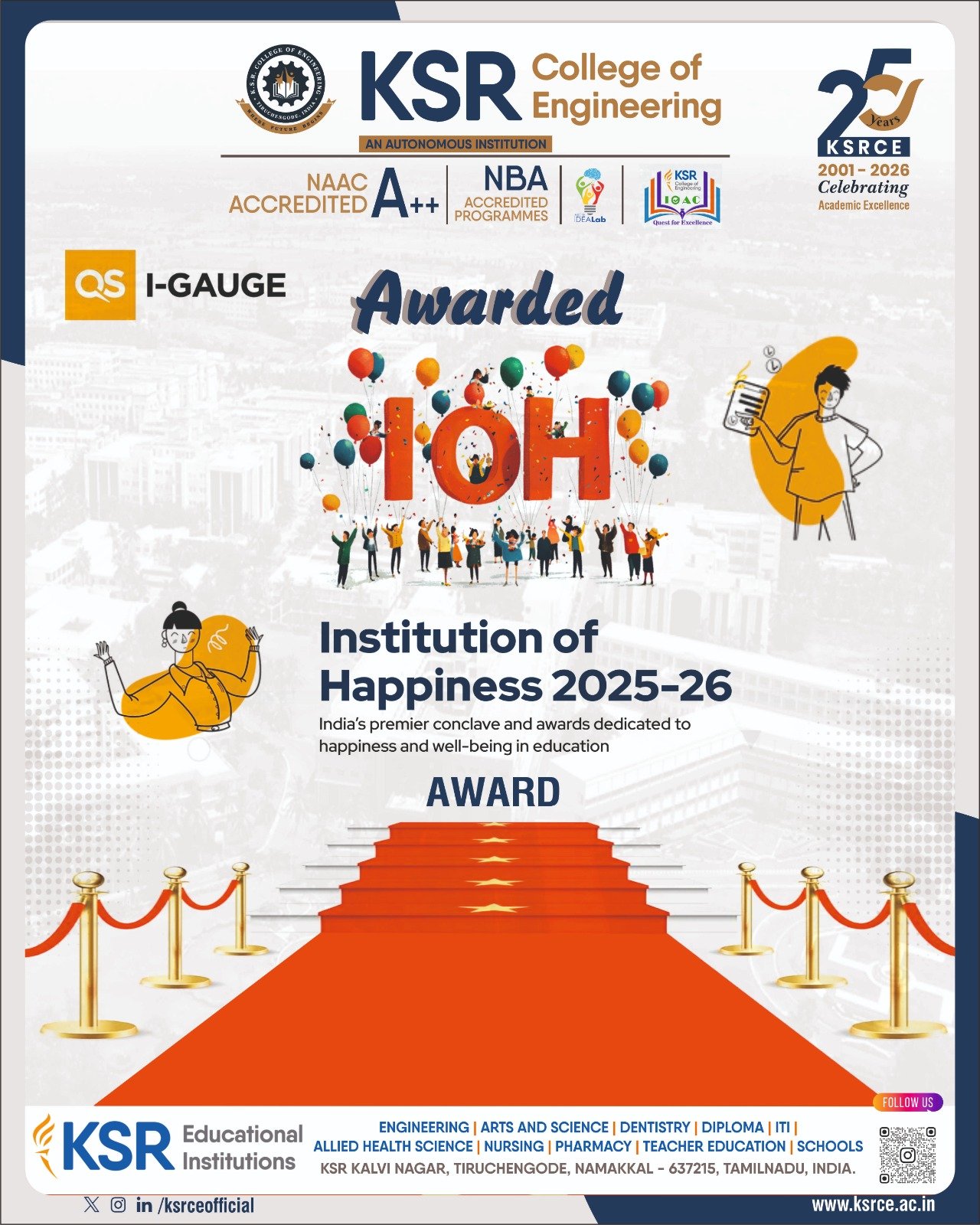 KSRCE Awarded with Institution Of Happiness (IOH) award by QS I- GAUGE